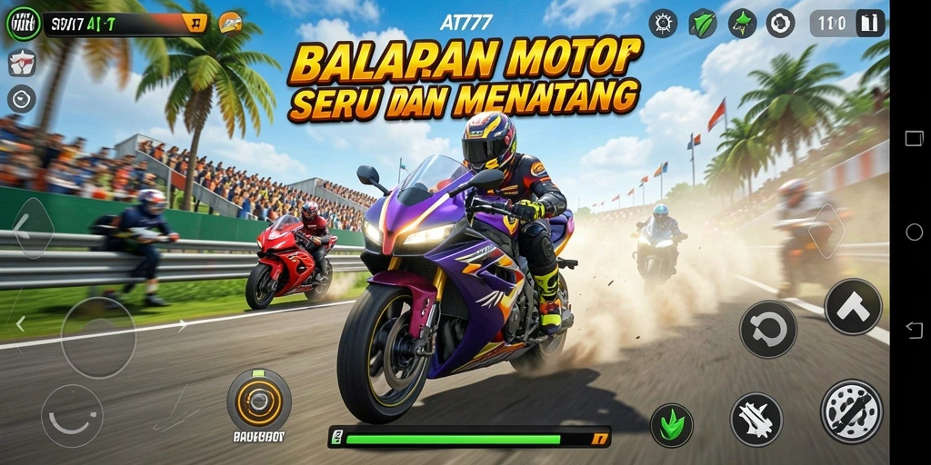 Tampilan gameplay AT777 yang mendebarkan saat balapan motor.