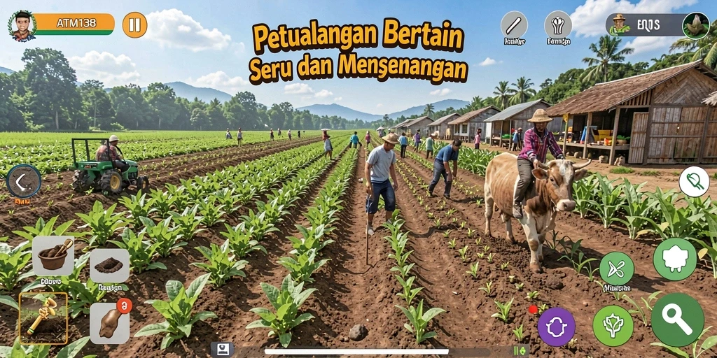 Screenshot gameplay ATM138 menampilkan aktivitas bertani yang seru.