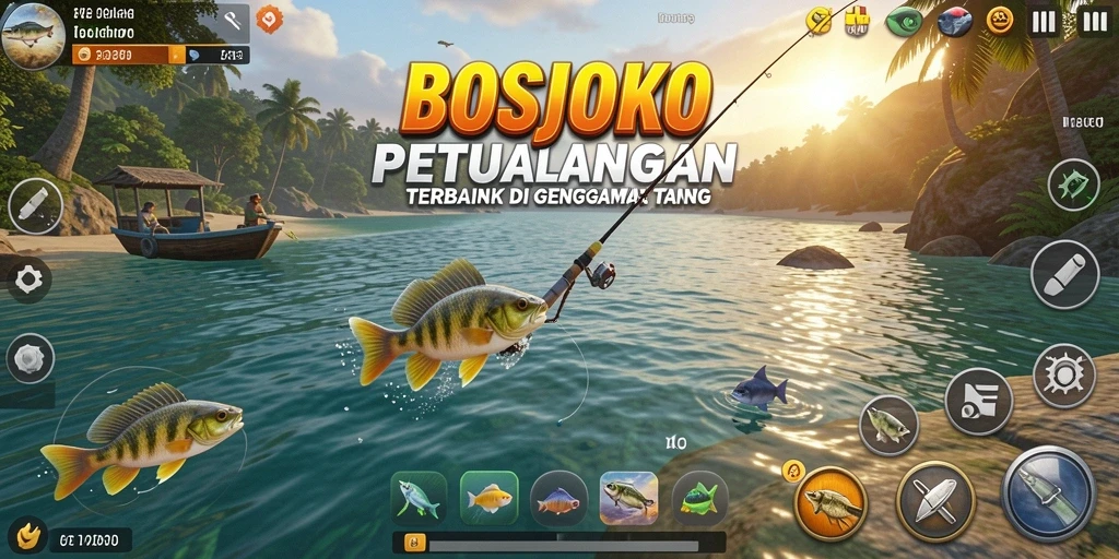 Screenshot gameplay <strong>BOSJOKO</strong> menampilkan keseruan saat memancing ikan besar.