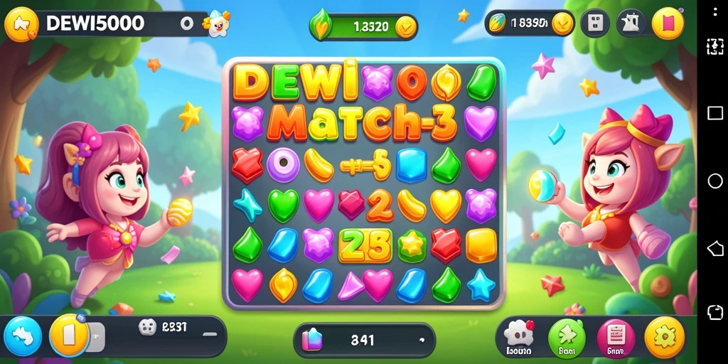Tampilan gameplay DEWI5000 yang penuh warna dan menantang.