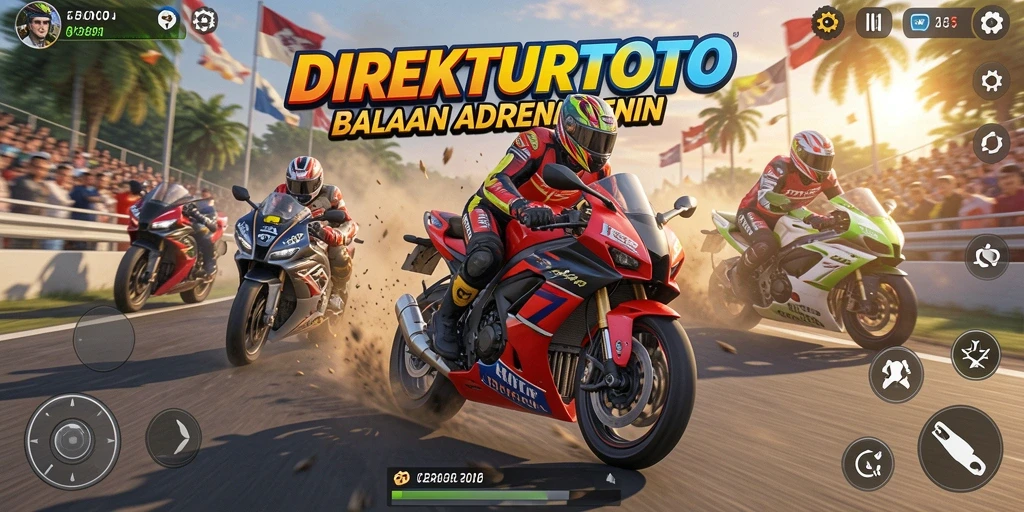 Screenshot utama dari gameplay balapan motor yang mendebarkan.