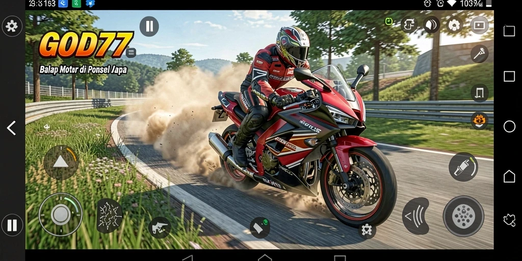 Tampilan gameplay seru dalam GOD77 dengan motor balap yang cepat.