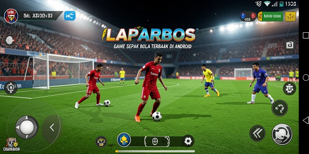 Tampilkan gameplay LAPARBOS dengan aksi sepak bola yang seru.