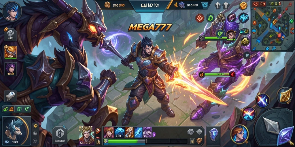 Tangkapan layar gameplay <strong>MEGA777</strong> menunjukkan pertempuran MOBA yang epik dan mendebarkan.