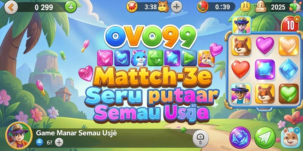Screenshot OVO99 menampilkan gameplay Match-3 yang memukau.