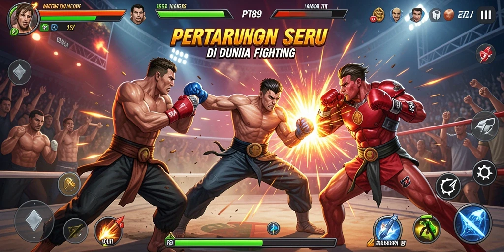 Tangkapan layar utama PT89 menampilkan pertarungan dramatis antar karakter.