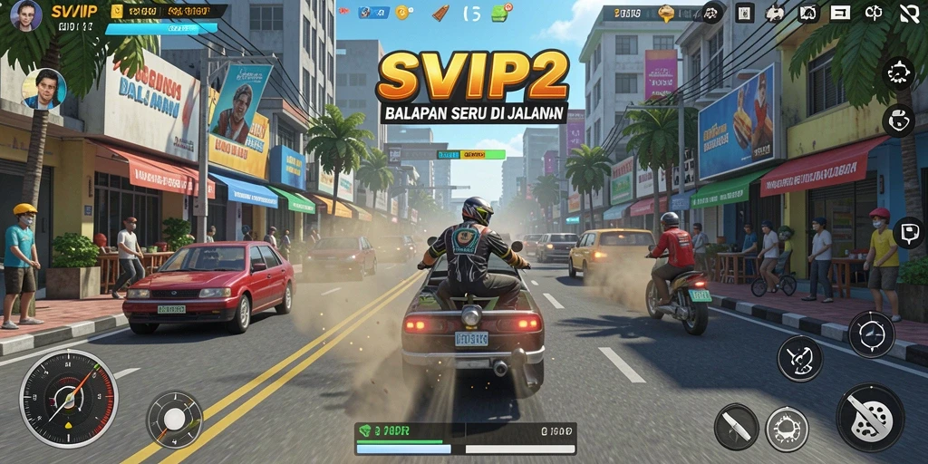 Screenshot gameplay seru dalam SVIP2 menampilkan mobil balap di trek menantang.